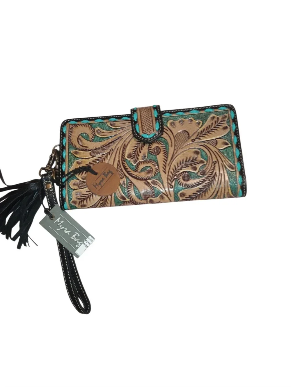 Myra Turquoise and Tan Tooled Leather Wristlet Wallet with Tassel, NWT